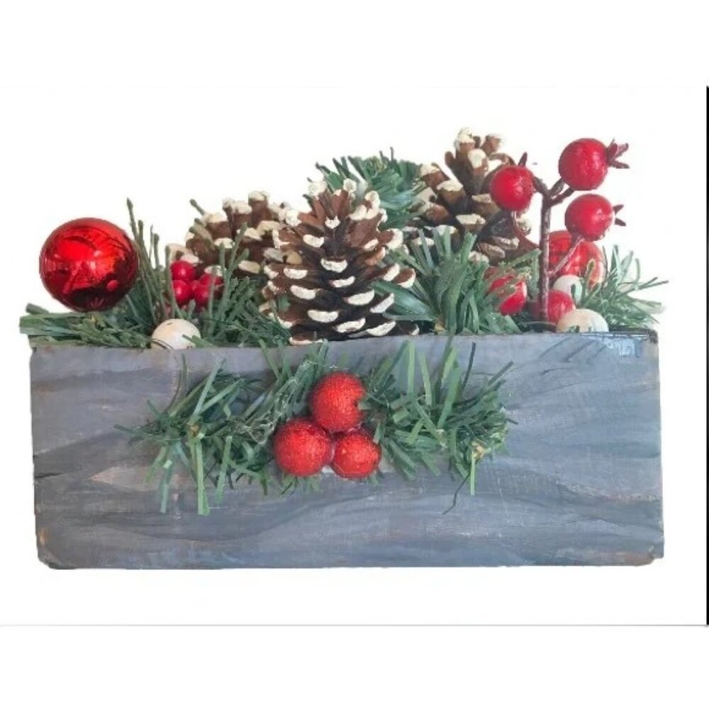 Table Centerpiece Christmas Pine Cones Red berries White Snow Shiny Snowballs